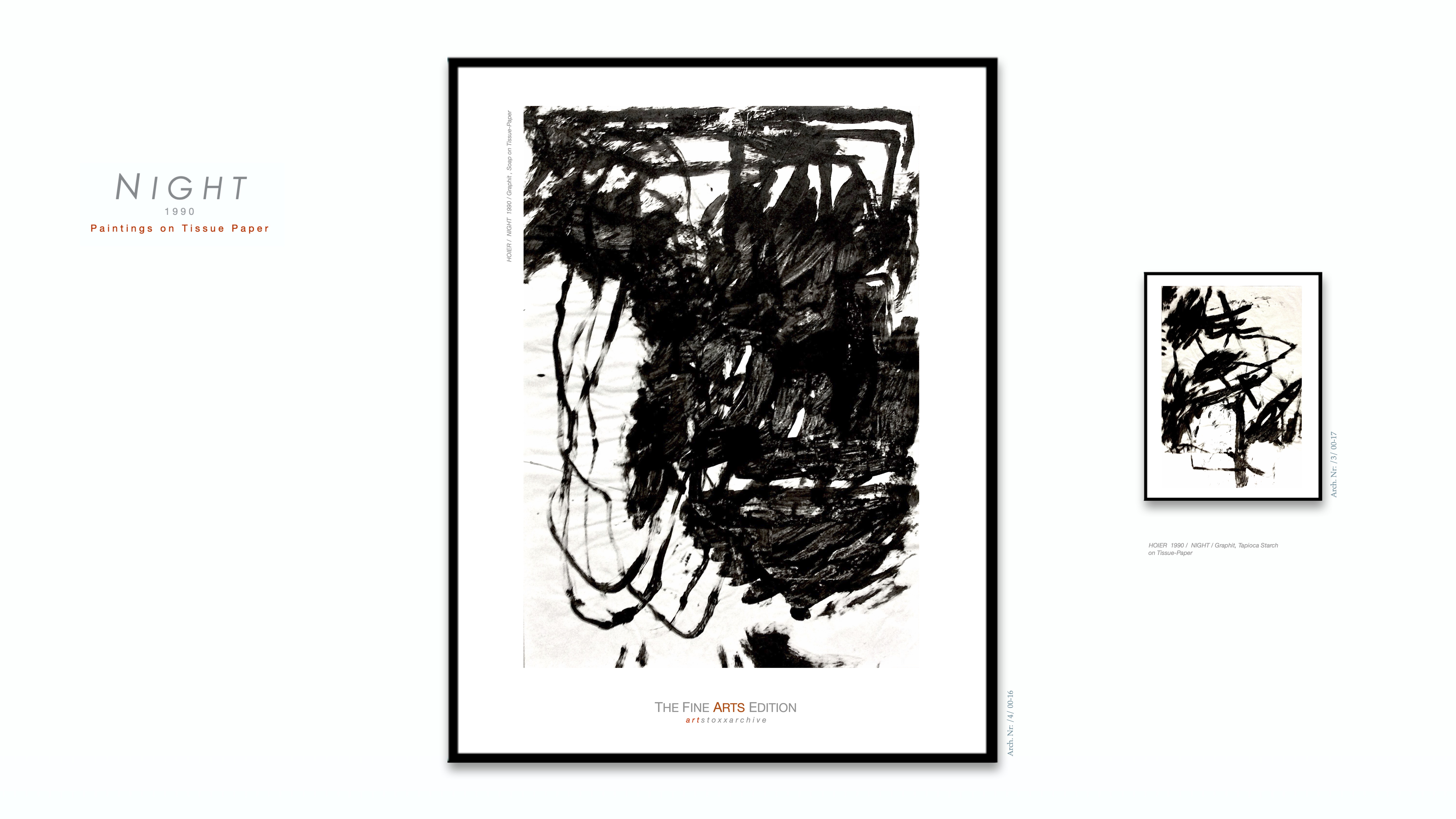 NIGHT / Heiner H. Hoier / Hoier.works / Bild gross Arch. Nr.: / 4 / 00-16 / 1990 Graphit, Soap on Tissue Paper / Bild klein Arch. Nr. / 3 / 00-17 / 1990 Graphit, Tapioca Starch on Tissue Paper